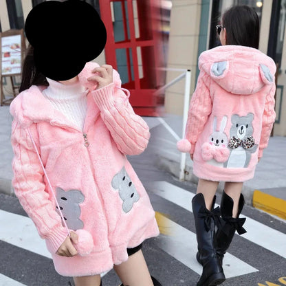 Winterjacke mit Kapuze & Ohren im Strick-Design & Bär-Motiv für Mädchen