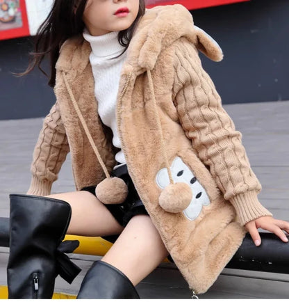 Winterjacke mit Kapuze & Ohren im Strick-Design & Bär-Motiv für Mädchen