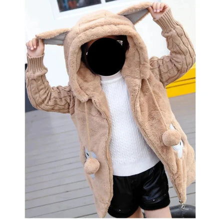 Winterjacke mit Kapuze & Ohren im Strick-Design & Bär-Motiv für Mädchen