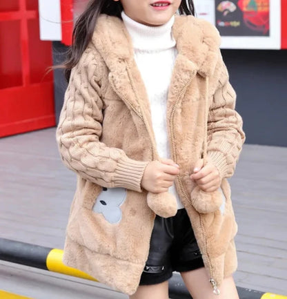 Winterjacke mit Kapuze & Ohren im Strick-Design & Bär-Motiv für Mädchen