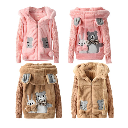 Winterjacke mit Kapuze & Ohren im Strick-Design & Bär-Motiv für Mädchen