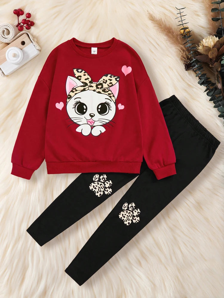 Kinder-Sweatshirt und Leggings Set mit süßem Katzenmotiv