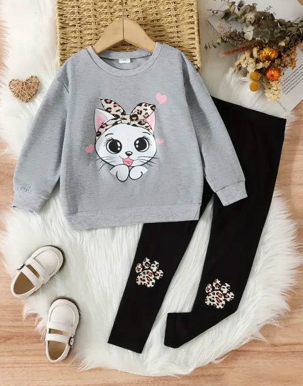 Kinder-Sweatshirt und Leggings Set mit süßem Katzenmotiv