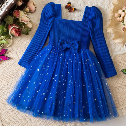 Glitzerndes Mädchenkleid mit Tüllrock – Langarmkleid mit Sternenmuster / Weihnachten & festliche Anlässe