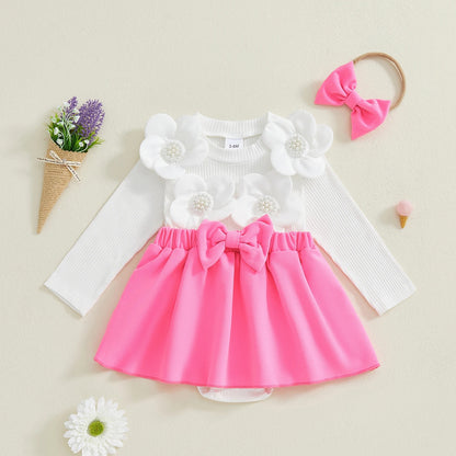 Baby Mädchen Kleid-Set mit Blüten & Schleife – 4 Designs