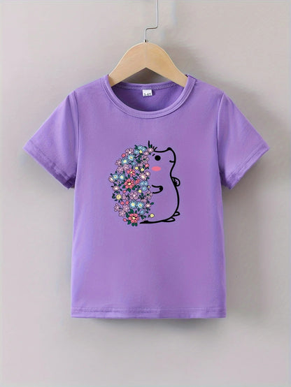 Mädchen T-Shirt mit Blumen Igel Print – Kurzarm Shirt