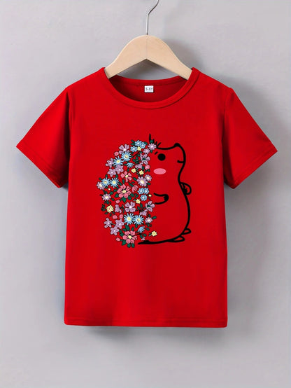 Mädchen T-Shirt mit Blumen Igel Print – Kurzarm Shirt