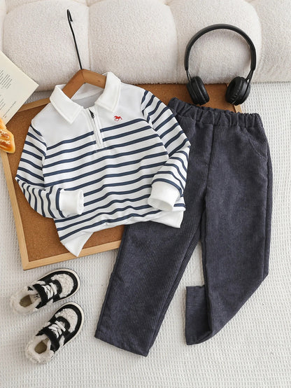 Jungen Outfit Set mit Streifenpullover & Cordhose – 2-teilig