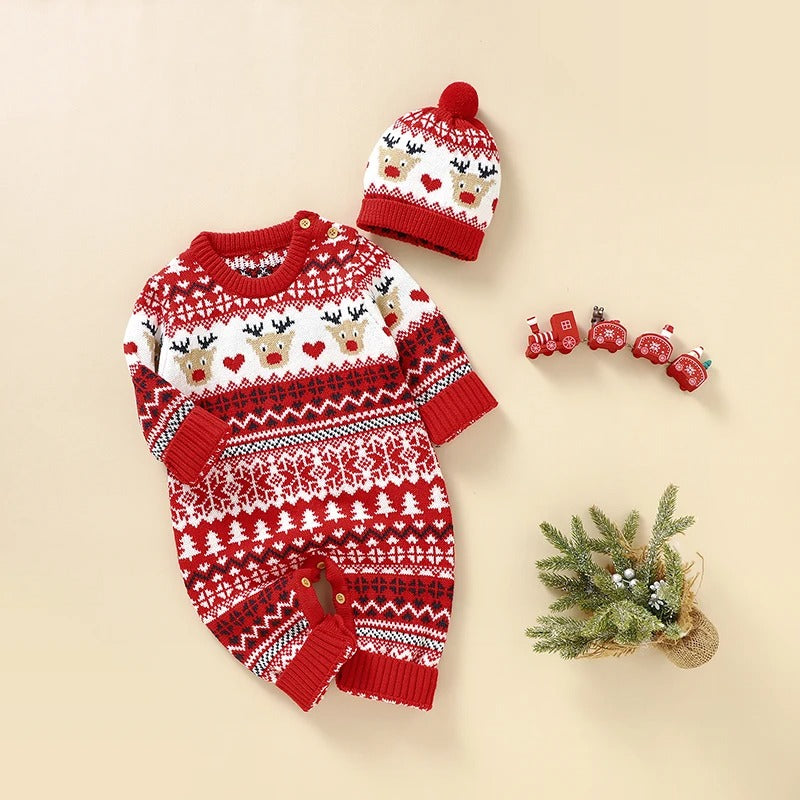 Weihnachts-Strick-Overall mit Rentiermotiv & Mütze – Kuscheliger Baby-Look
