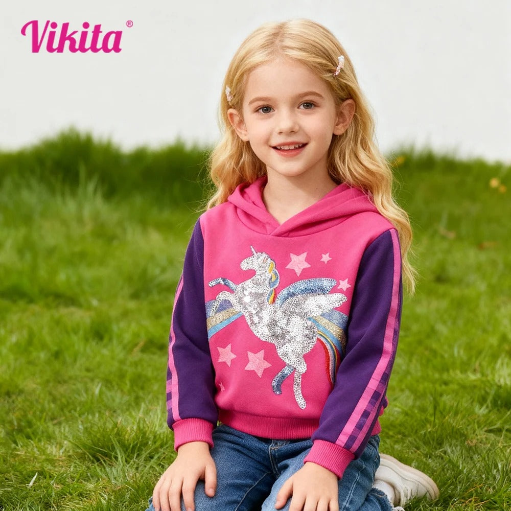 Einhorn Mädchen Hoodie mit Glitzer-Pailletten & Regenbogen – Gefütterter Kapuzenpullover