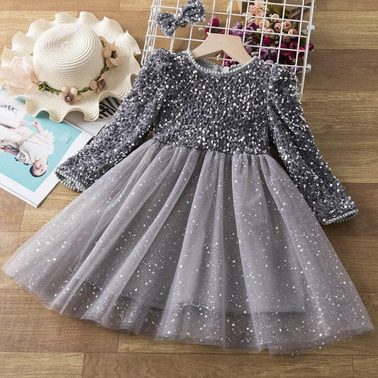 Paillettenkleid für Mädchen – Samtoberteil mit Glitzertüllrock & Puffärmeln
