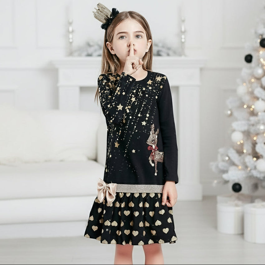 Weihnachtskleid für Mädchen – Schwarzes Glitzerkleid mit Rentier