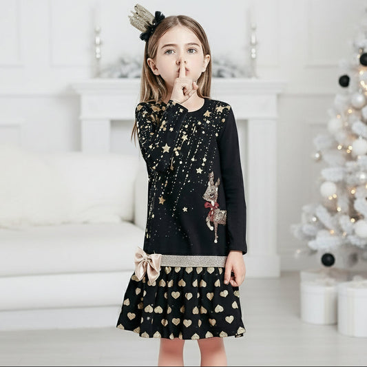 Weihnachtskleid für Mädchen – Schwarzes Glitzerkleid mit Rentier