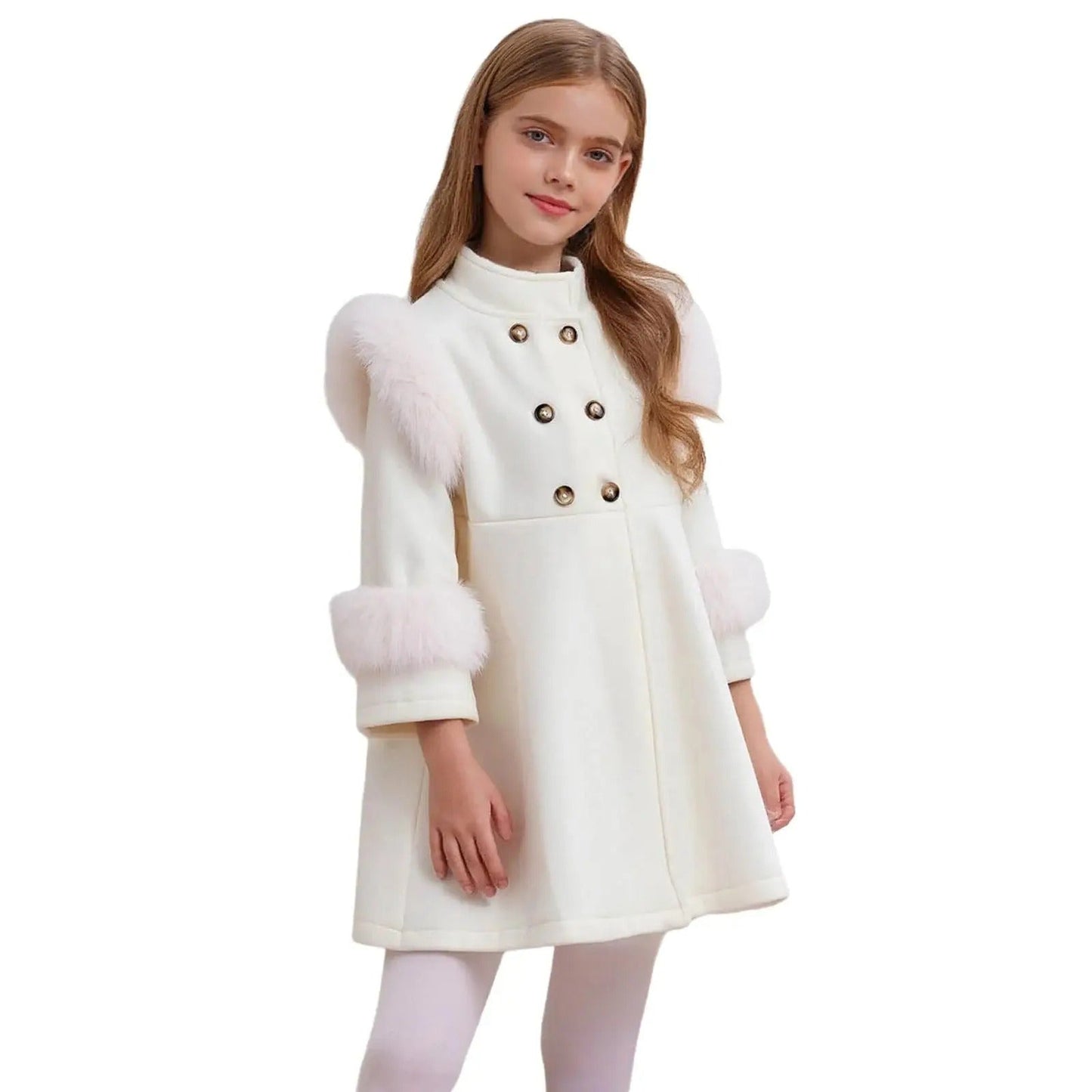 Festlicher Mädchenmantel mit Kunstfellbesatz – warm gefüttert & edel in Creme