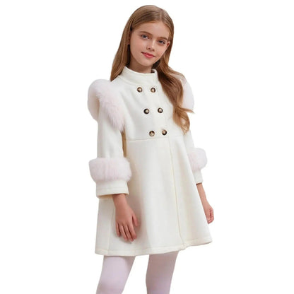 Festlicher Mädchenmantel mit Kunstfellbesatz – warm gefüttert & edel in Creme