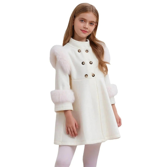 Festlicher Mädchenmantel mit Kunstfellbesatz – warm gefüttert & edel in Creme