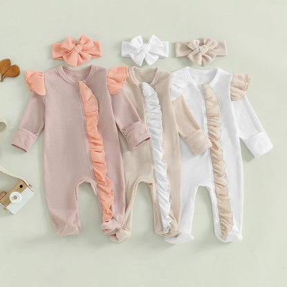 Baby Mädchen Strampler mit Rüschen & Haarband – Waffelstruktur
