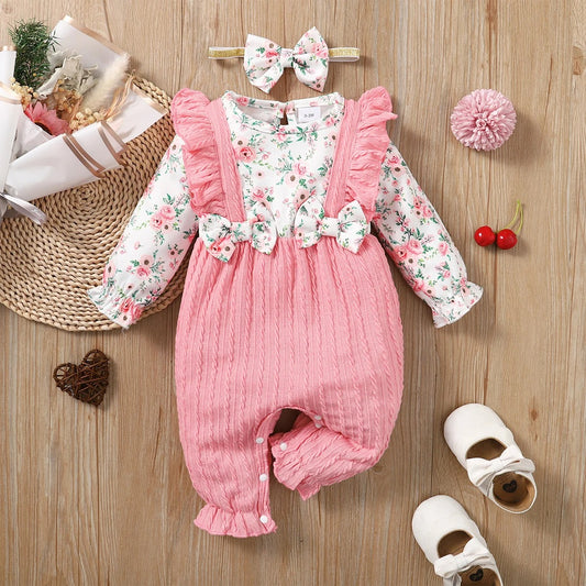Baby Mädchen Strampler Set mit Blumenprint & Zopfmuster