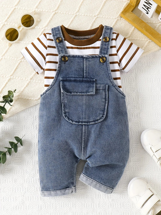 2-teiliges Baby Set mit Jeans-Latzhose & gestreiftem Shirt