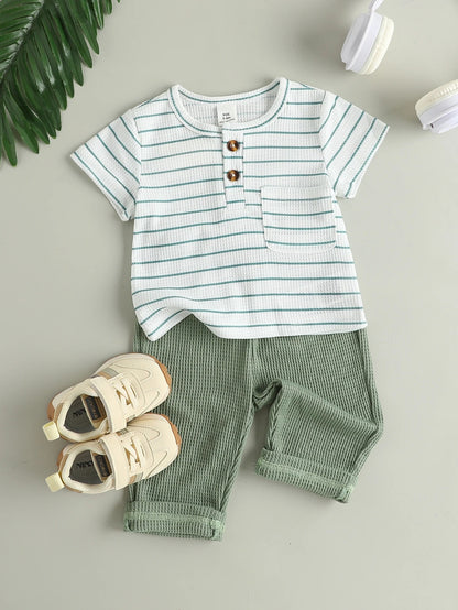 Baby Jungen Set 2-teilig – Gestreiftes Shirt & Waffelstruktur Hose