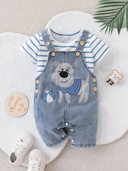Baby Outfit 2-teilig – Streifen Shirt & Latzshorts mit Hund