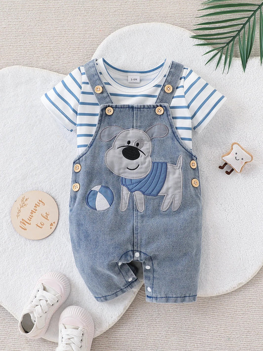 Baby Outfit 2-teilig – Streifen Shirt & Latzshorts mit Hund