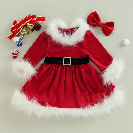 Weihnachtskleid mit Kunstfellbesatz & Haarband