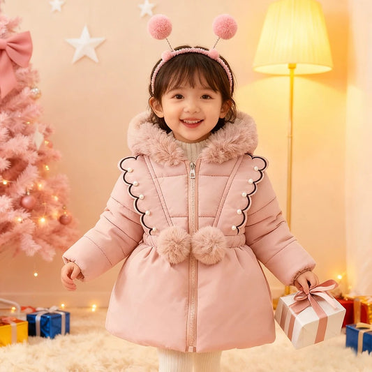 Wattierte Winterjacke mit Kunstfellkapuze & Perlendetail