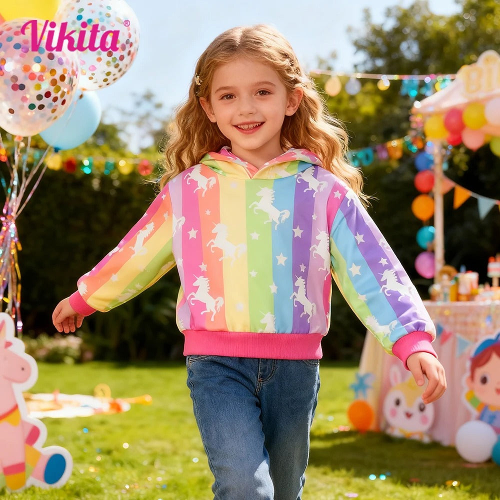 Mädchen Hoodie „Rainbow Unicorn“ – Regenbogen Kapuzenpullover mit Einhorn Print