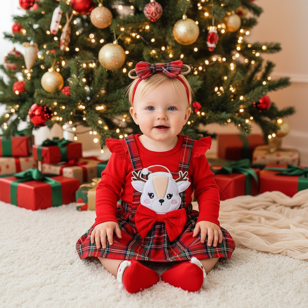 Festliches Weihnachts-Outfit für Mädchen – 3-teiliges Set mit Rentier-Trägerrock, Body & Haarband