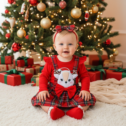 Festliches Weihnachts-Outfit für Mädchen – 3-teiliges Set mit Rentier-Trägerrock, Body & Haarband
