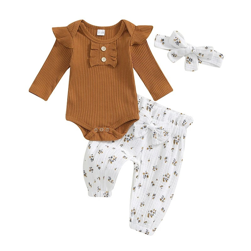 Baby Mädchen Set 3-teilig mit Rippbody, Musselin-Hose & Stirnband