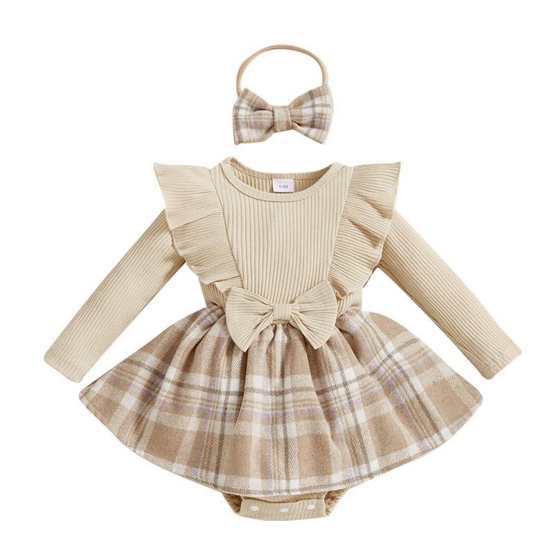 Baby Kleid Set mit Schleife & Karorock – Langarm Rippbody mit Haarband
