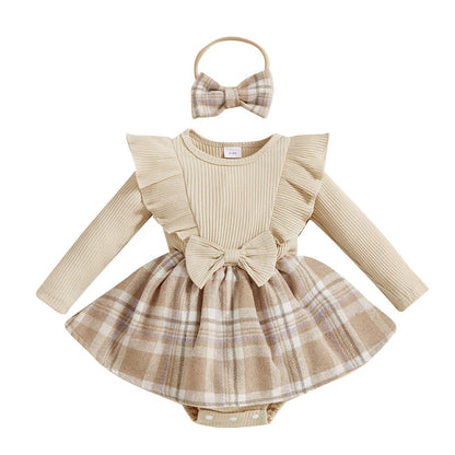 Baby Kleid Set mit Schleife & Karorock – Langarm Rippbody mit Haarband