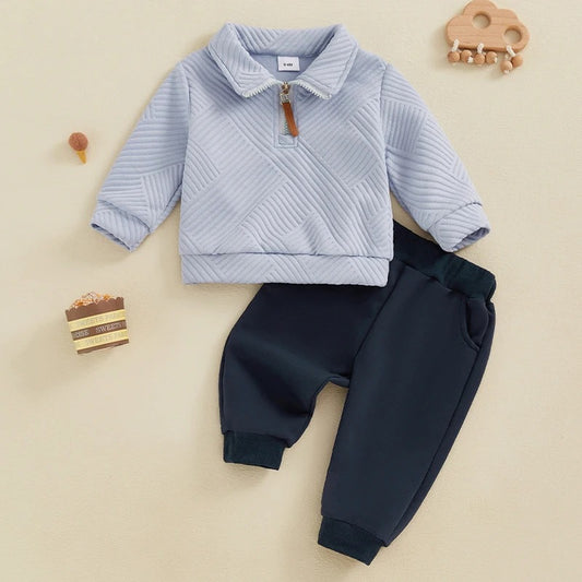 Baby Jungen Set mit Strukturpullover & Hose – 2-teiliges Outfit in Hellblau/Dunkelblau