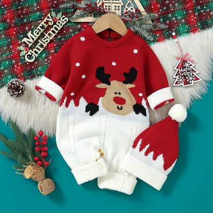 Baby-Strickoverall mit Rentiermotiv & Bommelmütze – Weihnachtlicher Strampler