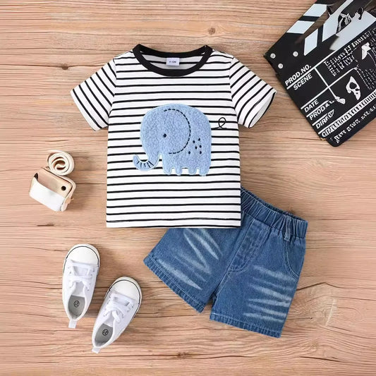 2-teiliges Kinder-Set „Kleiner Elefant“ – Streifen-Shirt & Jeans-Shorts