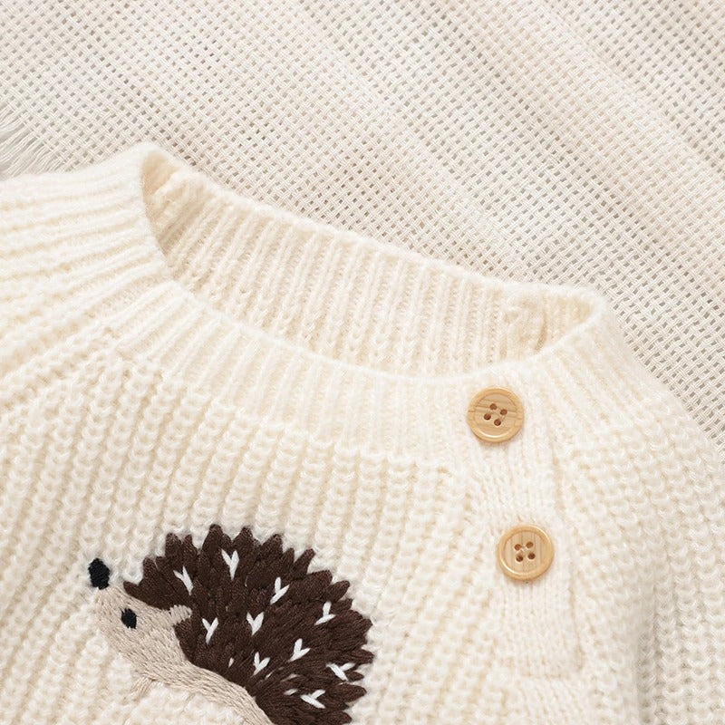 Baby Strickpullover mit Igel Motiv – Unisex Baumwollpullover mit Knöpfen