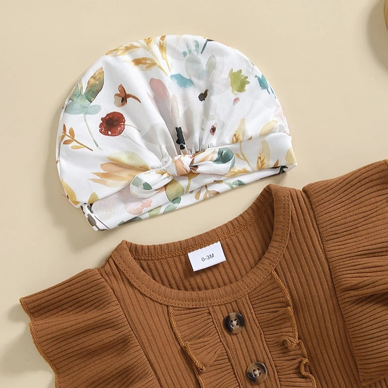 Baby Mädchen Set mit Blumenhose – 3-teiliges Outfit mit Body, Hose & Mütze