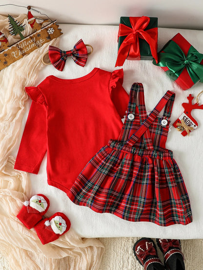 Festliches Weihnachts-Outfit für Mädchen – 3-teiliges Set mit Rentier-Trägerrock, Body & Haarband