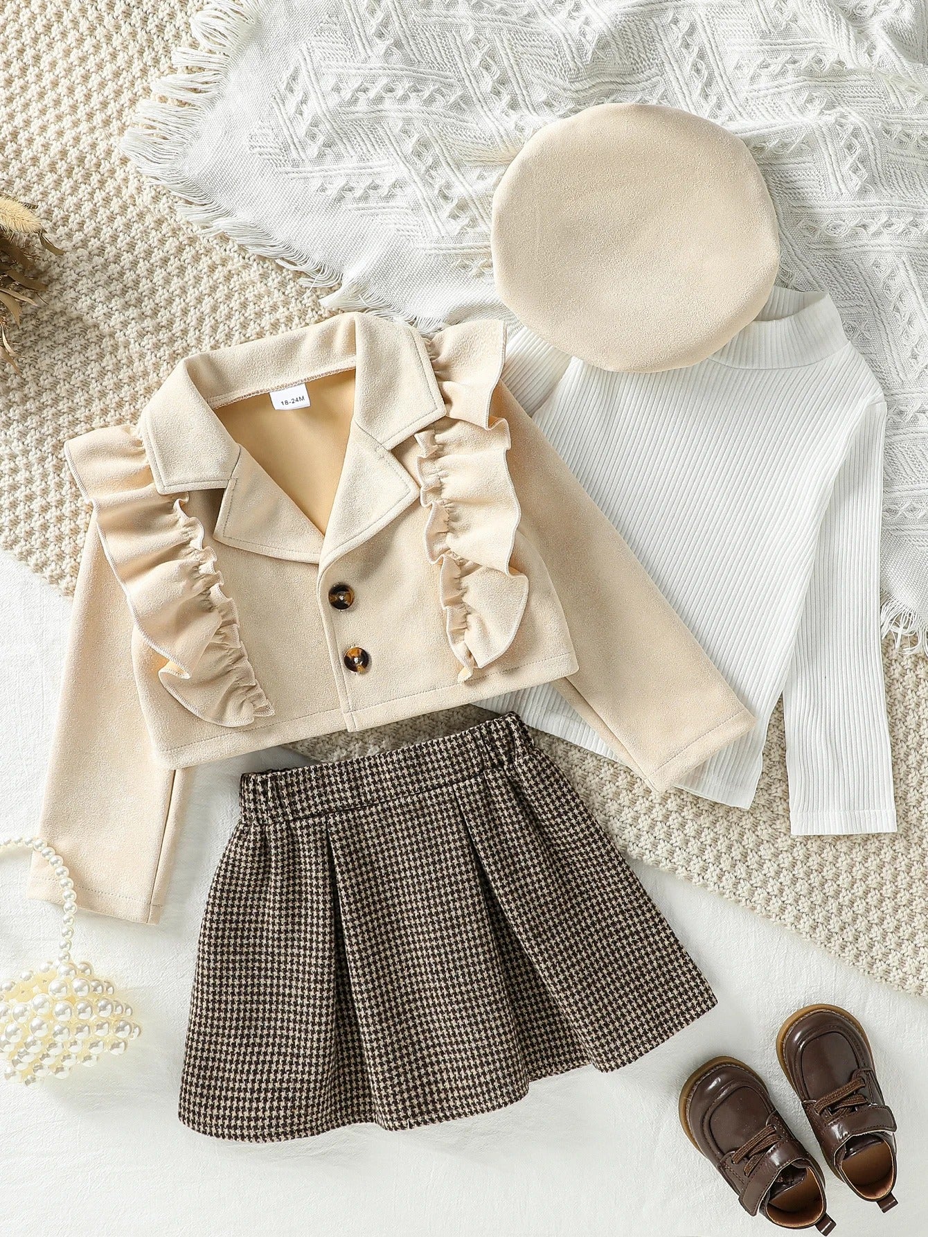 Elegantes 3-teiliges Set mit Rüschenjacke & Hahnentrittrock