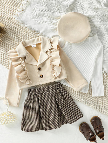 Elegantes 3-teiliges Set mit Rüschenjacke & Hahnentrittrock