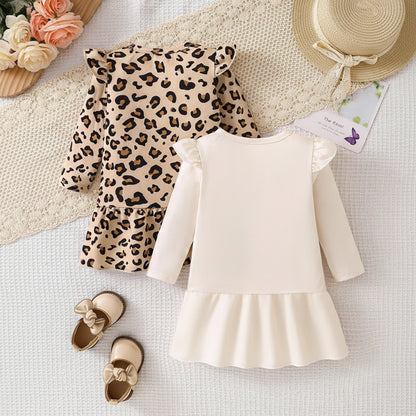 Mädchen Kleid Set (2-teilig) – Langarmkleider im Leo-Design & Creme