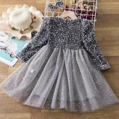 Paillettenkleid für Mädchen – Samtoberteil mit Glitzertüllrock & Puffärmeln