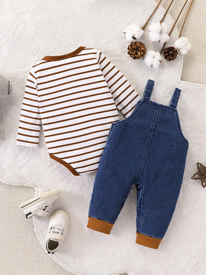 Baby Outfit 2-teilig – Body mit Streifen & Latzhose mit Hund (Größe 62–92)