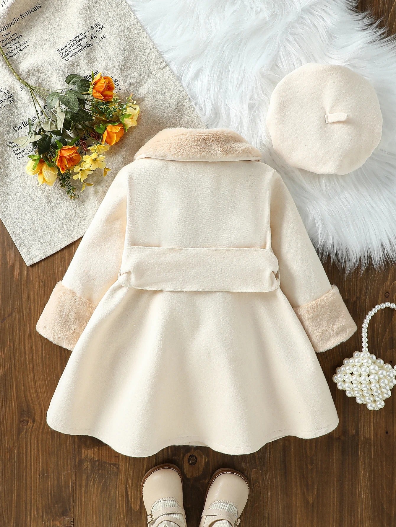 Eleganter Wintermantel mit Schleife & Kunstfellkragen