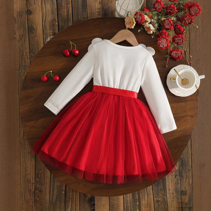 Festliches Kinderkleid mit 3D-Blumen & rotem Tüllrock