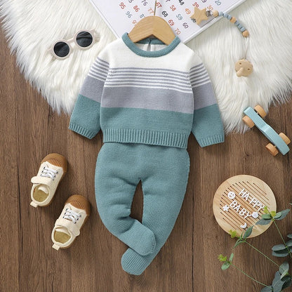 Baby Strickset 2-teilig – Pullover & Strumpfhose in Grün und Grau