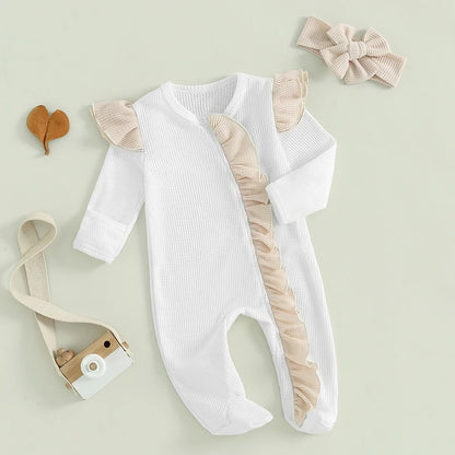 Baby Mädchen Strampler mit Rüschen & Haarband – Waffelstruktur