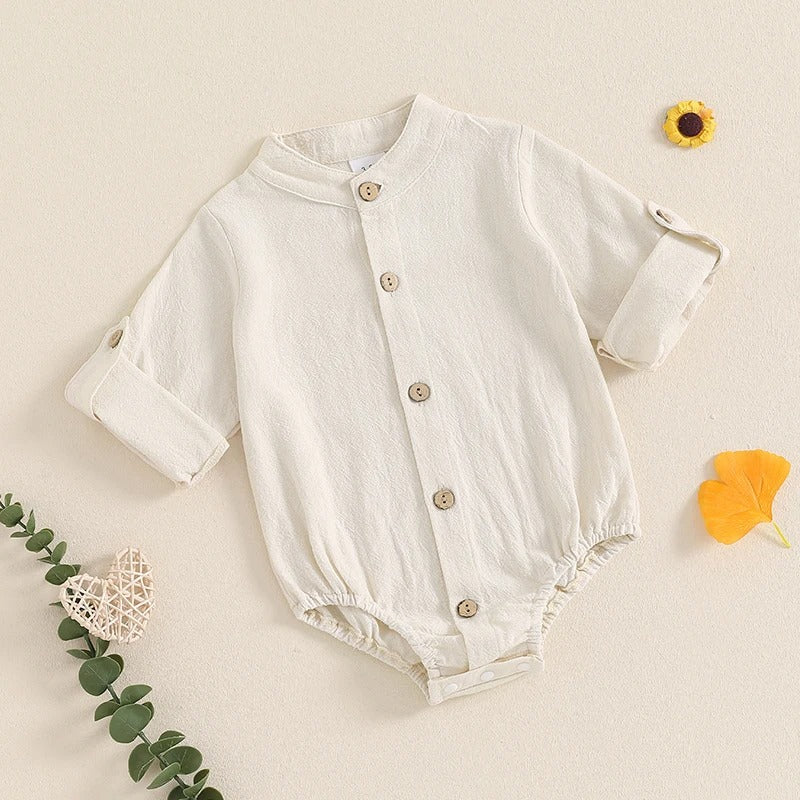 Minimalistischer Baby-Body mit Holzknöpfen – Langarm Body für Jungen (Größe 50–86)